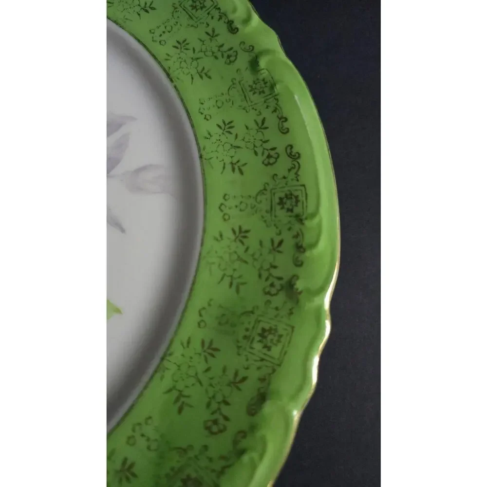 Vintage Porcelain Plate Painted Floral Basket Green Border Gold Trim Decor